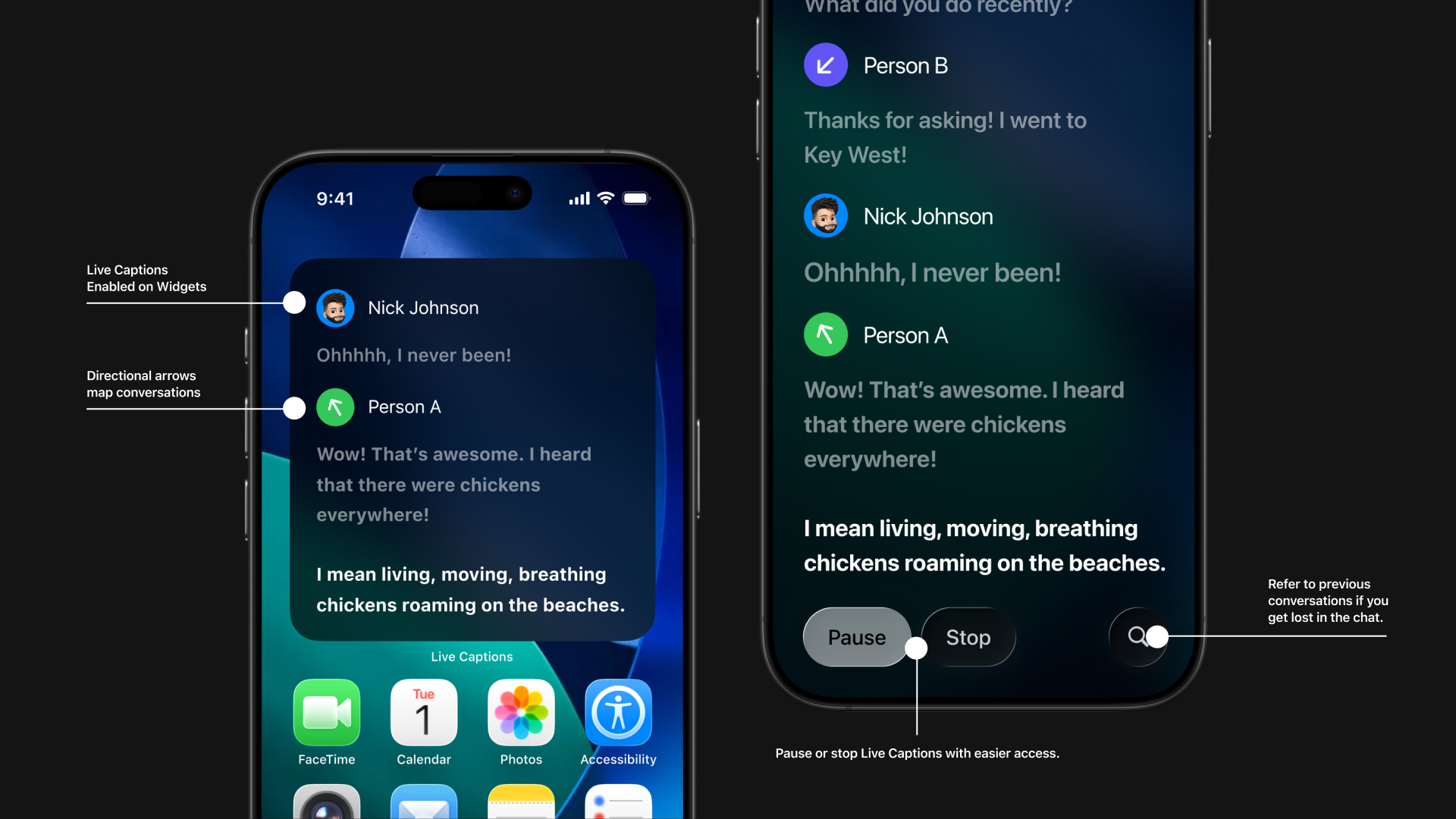 Apple Live Captions interface design on iPhone and Watch