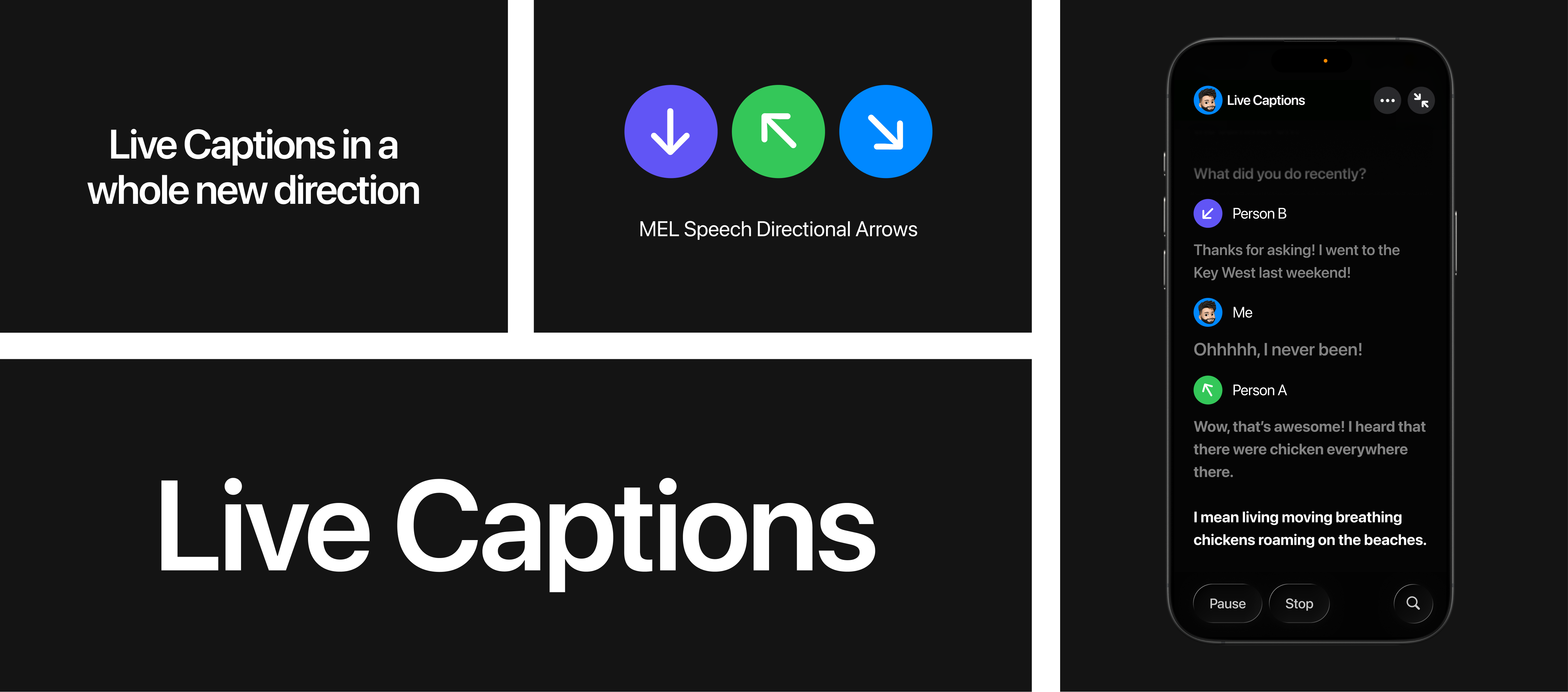Bento Grid showcasing Live captions in a whole new way with iPhone UI design showing text on screen.